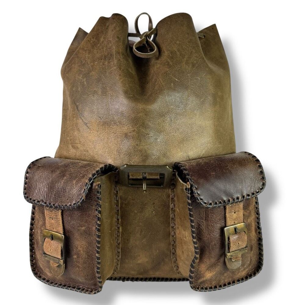 Vintage Distressed Handmade Rugged Rustic Soft Brown Tan Leather Backpack Bag